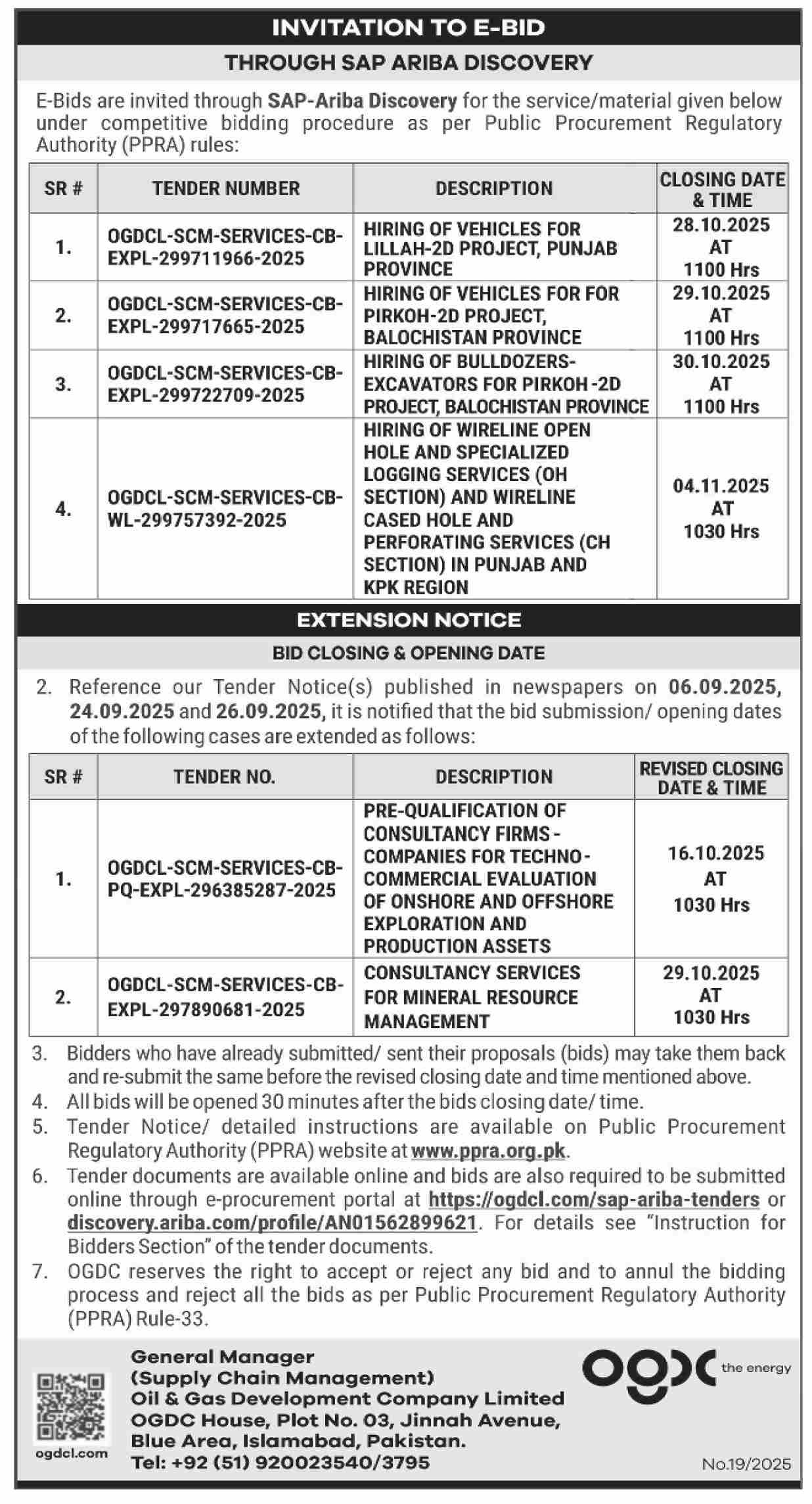 Oil & Gas Development Company Limited Islamabad Tender Notice